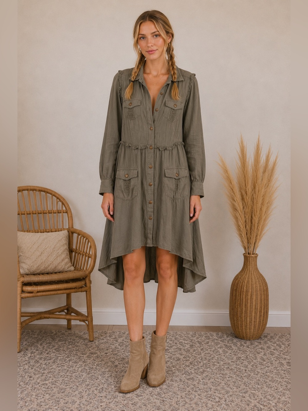 Matilda Jane Olive Green Button Front High Low Shirt Dress | Size Small